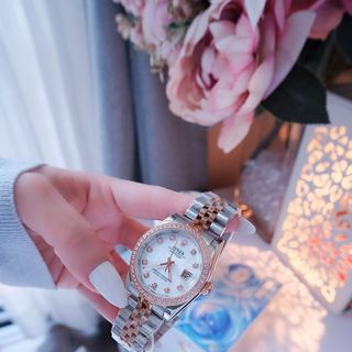 ĐỒNG HỒ NAM NỮ CAO CẤP RÔLET DÂY THÉP DEMI HỒNG KÍNH SAPHIRE VIỀN HỘT