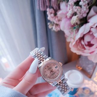 ĐỒNG HỒ NAM NỮ CAO CẤP RÔLET DÂY THÉP DEMI HỒNG KÍNH SAPHIRE VIỀN HỘT