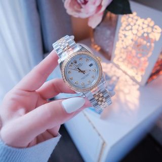 ĐỒNG HỒ NAM NỮ CAO CẤP RÔLET DÂY THÉP DEMI VÀNG KÍNH SAPHIRE VIỀN HỘT