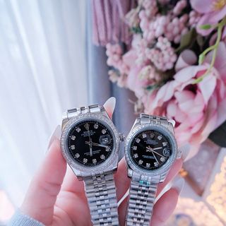 ĐỒNG HỒ NAM NỮ CAO CẤP RÔLET DÂY THÉP BẠC MẶT ĐEN KÍNH SAPHIRE VIỀN HỘT