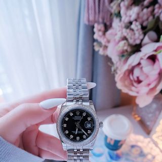 ĐỒNG HỒ NAM NỮ CAO CẤP RÔLET DÂY THÉP BẠC MẶT ĐEN KÍNH SAPHIRE VIỀN HỘT