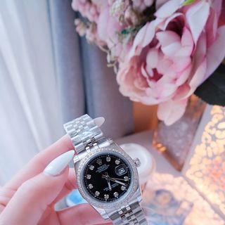 ĐỒNG HỒ NAM NỮ CAO CẤP RÔLET DÂY THÉP BẠC MẶT ĐEN KÍNH SAPHIRE VIỀN HỘT