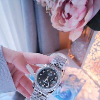 ĐỒNG HỒ NAM NỮ CAO CẤP RÔLET DÂY THÉP BẠC MẶT ĐEN KÍNH SAPHIRE VIỀN HỘT