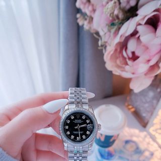 ĐỒNG HỒ NAM NỮ CAO CẤP RÔLET DÂY THÉP BẠC MẶT ĐEN KÍNH SAPHIRE VIỀN HỘT