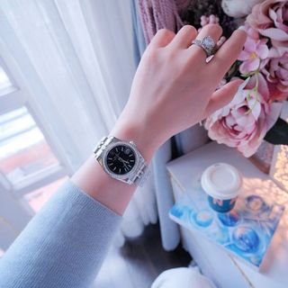 ĐỒNG HỒ NAM NỮ CAO CẤP RÔLET DÂY THÉP BẠC MẶT ĐEN KÍNH SAPHIRE VIỀN HỘT