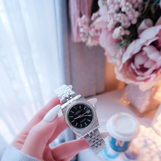 ĐỒNG HỒ NAM NỮ CAO CẤP RÔLET DÂY THÉP BẠC MẶT ĐEN KÍNH SAPHIRE VIỀN HỘT