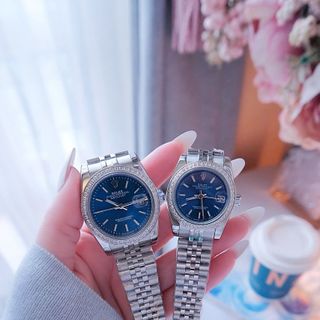 ĐỒNG HỒ NAM NỮ CAO CẤP RÔLET DÂY THÉP BẠC MẶT XANH DƯƠNG KÍNH SAPHIRE VIỀN HỘT