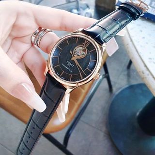 ĐỒNG HỒ NAM SIÊU CẤP TIXOT DÂY DA MẶT ĐEN VIỀN ĐỒNG SAPHIRE LỘ ĐÁY MÁY TỰ ĐỘNG FULLBOX