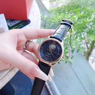 ĐỒNG HỒ NAM SIÊU CẤP TIXOT DÂY DA MẶT ĐEN VIỀN ĐỒNG SAPHIRE LỘ ĐÁY MÁY TỰ ĐỘNG FULLBOX