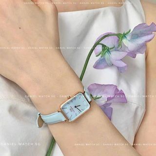 ĐỒNG HỒ NỮ CAO CẤP DANIEL W QUADRO BLUEBELL DÂY DA CN XANH XÀ CỪ HỘP NƠ ĐỎ