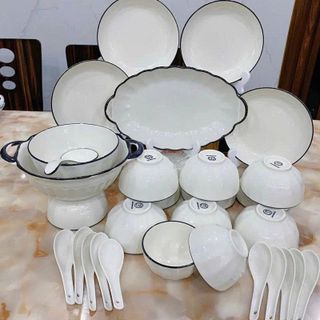 SET 5 ĐĨA SỨ XOĂI TRẮNG VIỀN ĐEN CAO CẤP