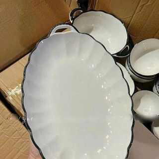 SET 5 ĐĨA SỨ XOĂI TRẮNG VIỀN ĐEN CAO CẤP