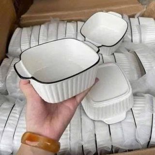 SET 5 THỐ SỨ VUÔNG SÂU LỒNG TAY CẦM SỌC VIỀN ĐEN