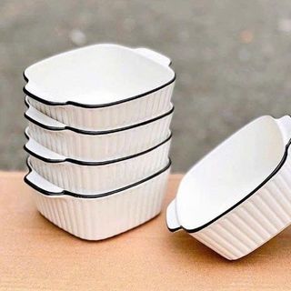 SET 5 THỐ SỨ VUÔNG SÂU LỒNG TAY CẦM SỌC VIỀN ĐEN