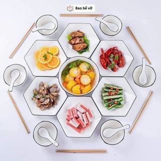 ĐĨA SỨ LỤC GIÁC SỌC VIỀN ĐEN SIZE 8 - 20CM (T50)