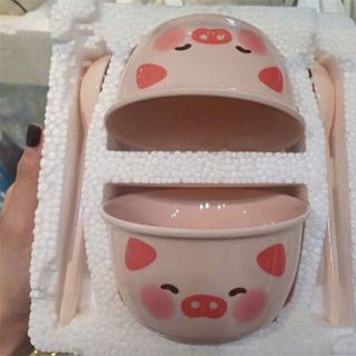 Set 2 Bát Kèm Thìa Lợn Hồng ( THÙNG 48B)