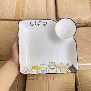 ĐĨA SỨ KÈM KHAY CHẤM VIỀN ĐEN HOẠ TIẾT HÌNH MÈO