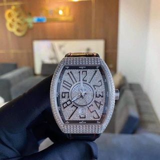 ĐỒNG HỒ NAM SIÊU CẤP PRANCK MULER DÂY CS BỌC DA ĐEN MÁY CƠ MẶT ĐÍNH ĐÁ SWAROSKI