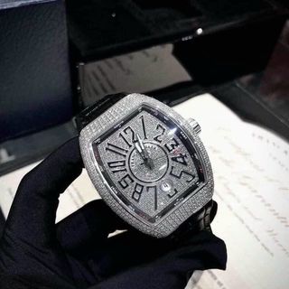 ĐỒNG HỒ NAM SIÊU CẤP PRANCK MULER DÂY CS BỌC DA ĐEN MÁY CƠ MẶT ĐÍNH ĐÁ SWAROSKI