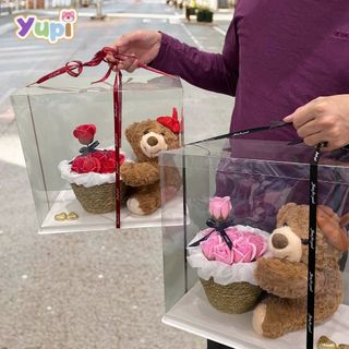 Túi set quà Gấu Bông, Hoa hộp nhựa trong