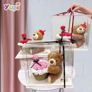 Túi set quà Gấu Bông, Hoa hộp nhựa trong