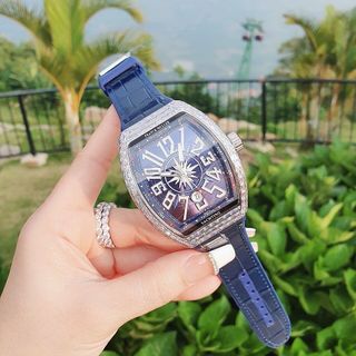 ĐỒNG HỒ NAM SIÊU CẤP PRANCK MULER MÁY CƠ DÂY CS BỌC DA MẶT XANH VIỀN ĐÁ VUÔNG