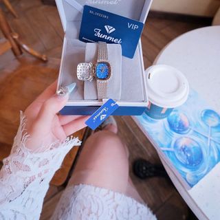 ĐỒNG HỒ NỮ CHÍNH HÃNG FUNMEI FL109 DÂY THÉP LƯỚI MĂT VUÔNG ĐÍNH ĐÁ MỞ NẮP FULLBOX