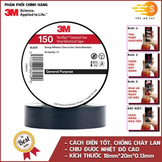 Băng keo điện PVC 3M Temflex 150 18mm x 20m 3M-BK150 - Chống cháy, cách điện tốt, chịu nhiệt cao, sử dụng linh hoạt