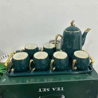 Bộ Bình 6 Cốc Sứ Xanh Nắp Cá Heo Quai Vàng (THÙNG 8B)