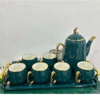 Bộ Bình 6 Cốc Sứ Xanh Nắp Cá Heo Quai Vàng (THÙNG 8B)