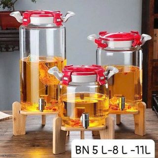 Bình vòi hoa quả thủy tinh đế gỗ BN 5L (THÙNG 6C)