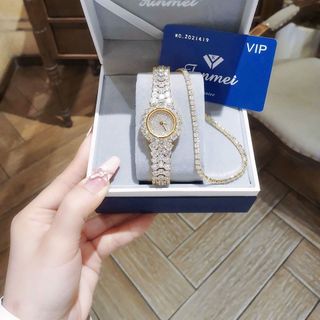 SET ĐỒNG HỒ NỮ CHÍNH HÃNG FUNMEI MỚI NHẤT F2163 FULL ĐÁ PHA LÊ KÈM DÂY CHUYỀN HỘT XOÀN