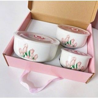 BỘ 3 THỐ SỨ CÓ NẮP ĐẬY HÚT CHÂN KHÔNG HOA TULIP