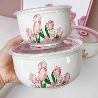 BỘ 3 THỐ SỨ CÓ NẮP ĐẬY HÚT CHÂN KHÔNG HOA TULIP