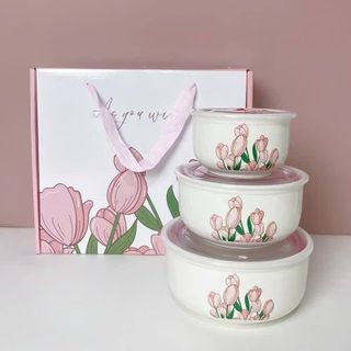 BỘ 3 THỐ SỨ CÓ NẮP ĐẬY HÚT CHÂN KHÔNG HOA TULIP