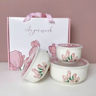 BỘ 3 THỐ SỨ CÓ NẮP ĐẬY HÚT CHÂN KHÔNG HOA TULIP