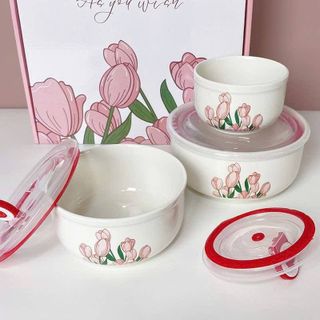 BỘ 3 THỐ SỨ CÓ NẮP ĐẬY HÚT CHÂN KHÔNG HOA TULIP
