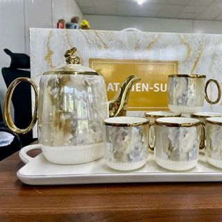 Ấm Chén Vân Đá Sọc Viền Vàng Nắp Thỏ RB-10 ( THÙNG 10B )