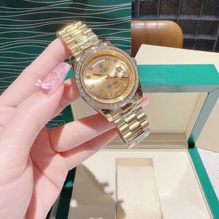 ĐỒNG HỒ NAM NỮ CAO CẤP RÔLET DAY DATE MẠ PVD VÀNG GOLD VIỀN ĐÁ