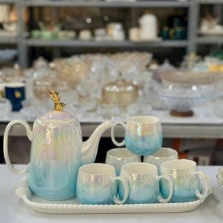 Bộ Bình Cốc, Ấm Chén Sứ Ombre Xanh Nắp Hươu Kèm Khay ( THÙNG 8B)