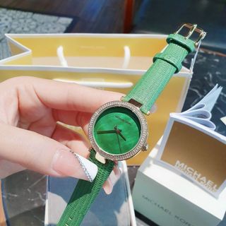 ĐỒNG HỒ NỮ CAO CẤP MICHAEL DÂY DA XANH LÁ TRƠN VIỀN HỘT VÀNG FULLBOX