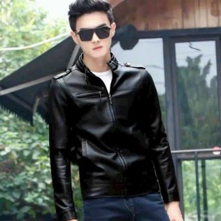 Áo khoác nam da simili chất lượng túi giả dây kéo ở ngực