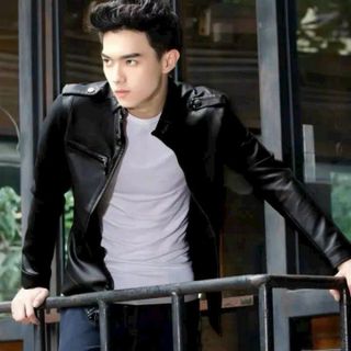 Áo khoác nam da simili chất lượng túi giả dây kéo ở ngực