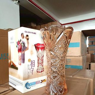 BÌNH CẮM HOA THUỶ TINH VÀNG 30CM HOẠ TIẾT (T12)