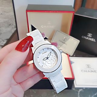 ĐỒNG HỒ NỮ CAO CẤP CHANEU ĐÁ CERAMIC TRẮNG MẶT HOA VIỀN HỒNG VÀ VIỀN BẠC