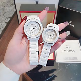 ĐỒNG HỒ NỮ CAO CẤP CHANEU ĐÁ CERAMIC TRẮNG MẶT HOA VIỀN HỒNG VÀ VIỀN BẠC