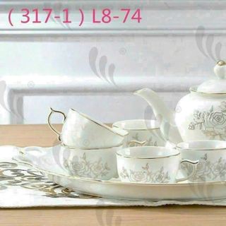 BỘ BÌNH TRÀ CHÉN SỨ HOA NHỦ VÀNG KÈM KHAY (T10)