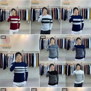 Áo len nam cổ tròn kẻ trẻ trung len dệt kim dày dặn dáng ôm body - Hà Đinh