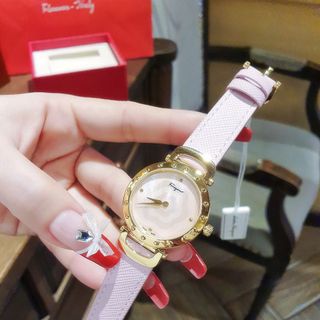 ĐỒNG HỒ NỮ CAO CẤP SALVATHORE DÂY DA MẶT HOA MÀU HỒNG VIỀN BEZEL VÀNG