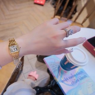 ĐỒNG HỒ NỮ CAO CẤP CATIƠR HAI SIZE MINI DÂY THÉP VÀNG MẶT TRẮNG VUÔNG